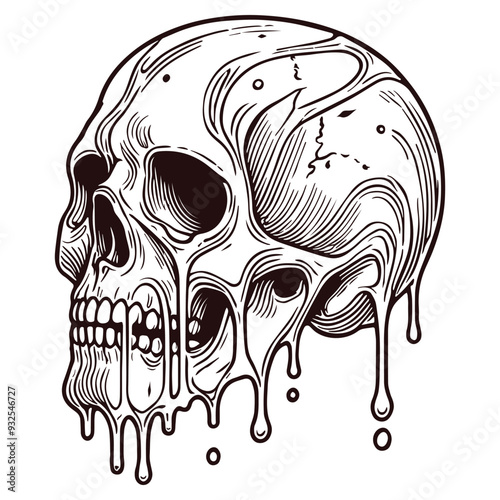 Melting skull illustration. Bold black dripping skull logo. High-contrast, detailed skull artwork. Creepy surreal horror skull tattoo. Halloween digital vector art