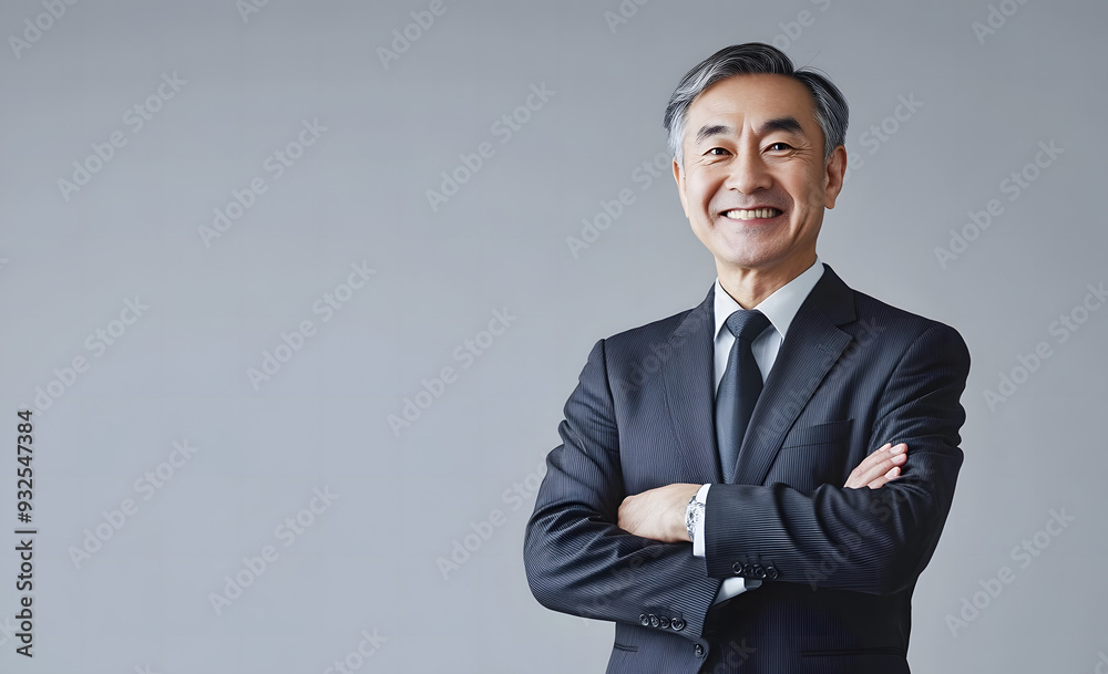 Contented Senior Asian Businessman in Smart Suit with Crossed Arms, Warm Smile Engaging the Camera Contented Senior Asian Businessman in Smart Suit with Crossed Arms, Warm Smile Engaging the Camera