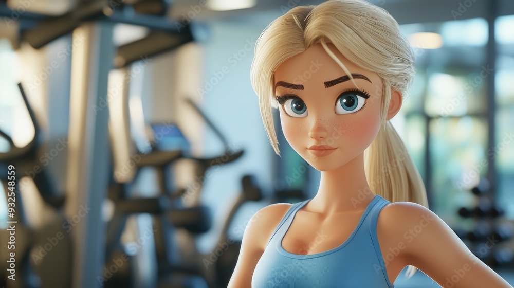 3D cartoon of a focused young blonde woman exercising in a gym Slim sporty character performing workouts 3D cartoon of a focused young blonde woman exercising in a gym Slim sporty character performing workouts