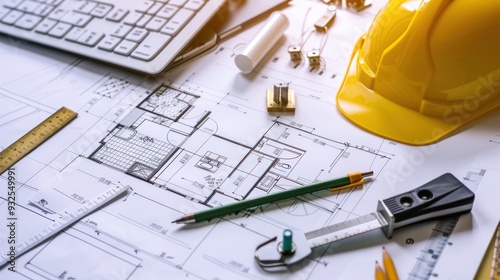 Architectural Blueprint with Tools and Hard Hat