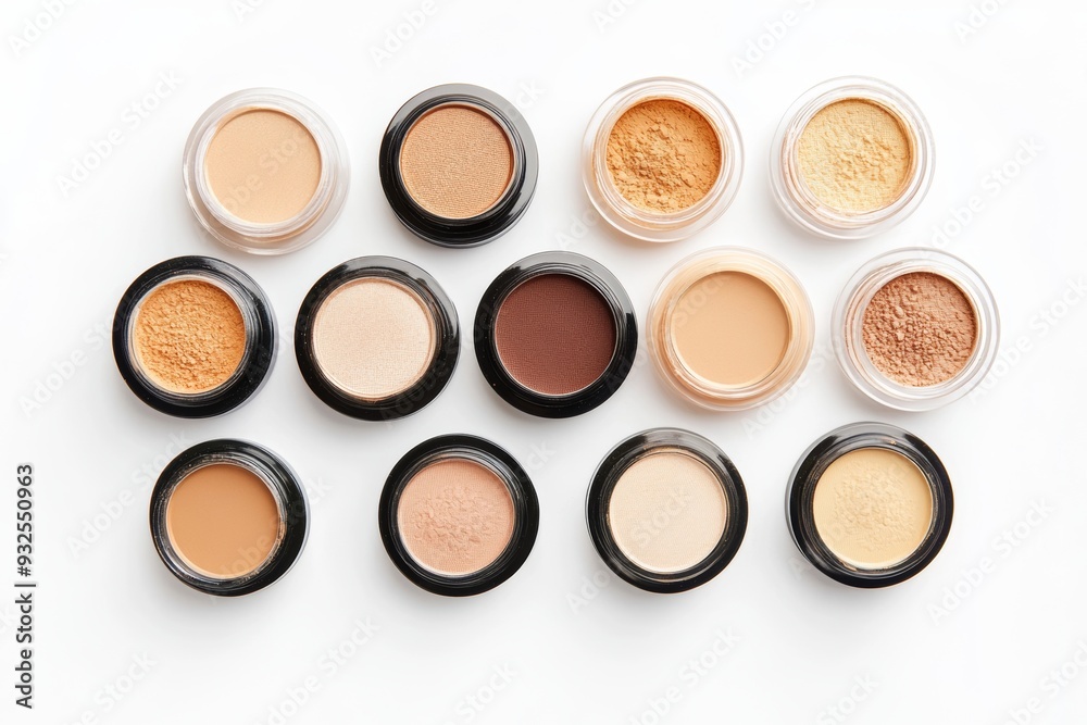 Vibrant collection of assorted makeup powders arranged artistically on a clean background Vibrant collection of assorted makeup powders arranged artistically on a clean background