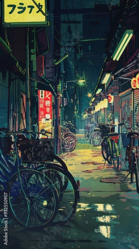 A bicycle parking area is illuminated by neon lights in a wet alleyway during nightfall, creating a serene yet lively atmosphere