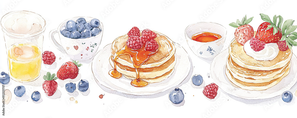 Breakfast spread, pancakes with syrup, eggs, and fruit, watercolor style Breakfast spread, pancakes with syrup, eggs, and fruit, watercolor style