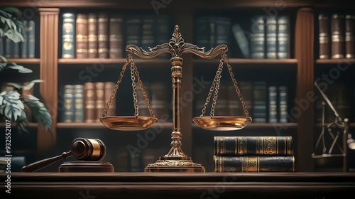 The scales of justice and the hammer on the wooden table symbolize justice in court photo