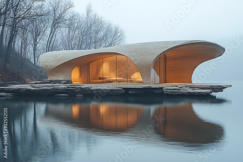 Serene minimalist pavilion using natural wood and stone in a futuristic composition of intersecting planes and open spaces photo