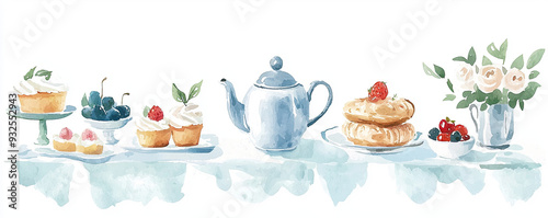 Afternoon tea, elegant setup with teapot and assorted pastries, watercolor style photo