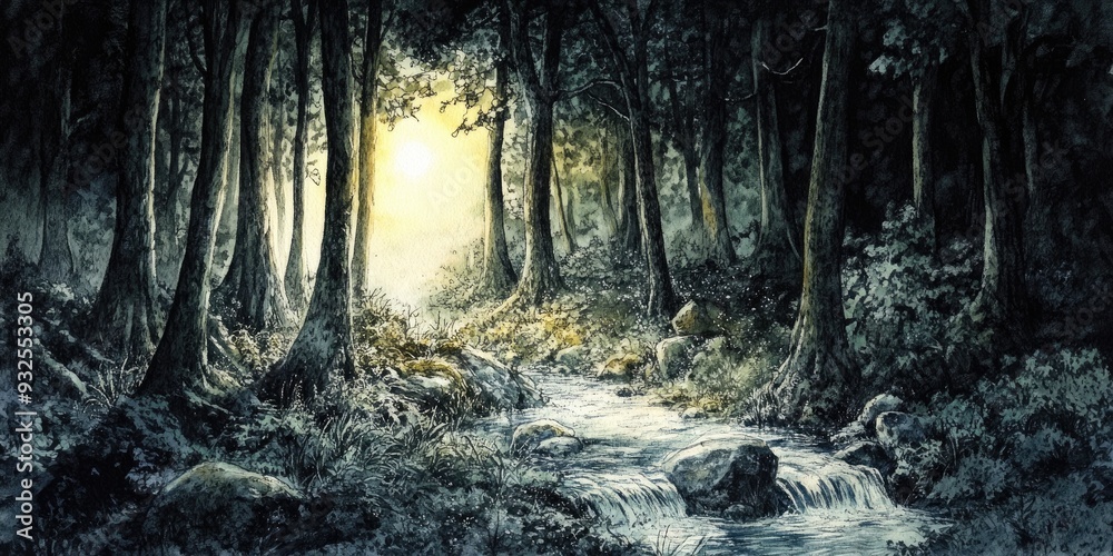 Obraz premium Ancient woodland with a stream flowing towards a light source Ink and watercolor illustration