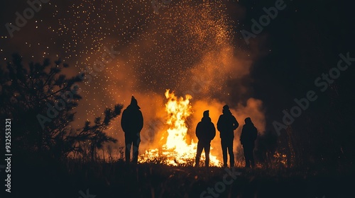 Four people stand silhouetted against a large bonfire at night, gazing at the flames.