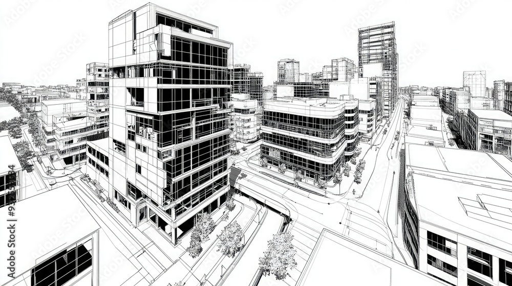 Fototapeta premium A detailed black and white architectural sketch showcasing modern buildings in an urban environment.