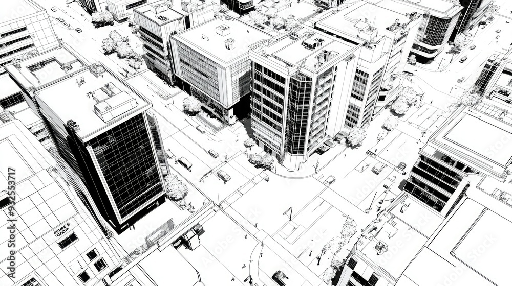 Fototapeta premium A high-contrast illustration of a cityscape, showcasing buildings, streets, and urban life in a monochrome style.