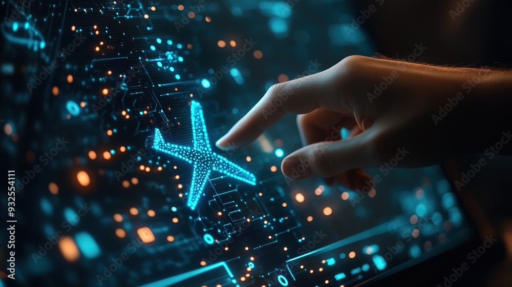 Concept of booking flight tickets by pressing a button by hand on a technology screen. blue dot color style Concept of booking flight tickets by pressing a button by hand on a technology screen. blue dot color style