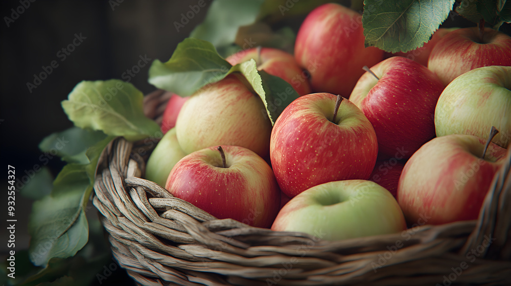 Freshly picked red and green apples in a rustic basket Freshly picked red and green apples in a rustic basket