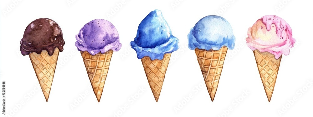 Chocolate ice cream in a blue crispy waffle cone Watercolor food ...