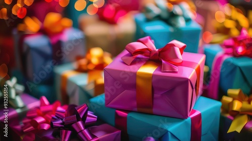 Closeup of colorful gift boxes with bows and ribbons stacked on top of each other, with a bokeh background of lights.