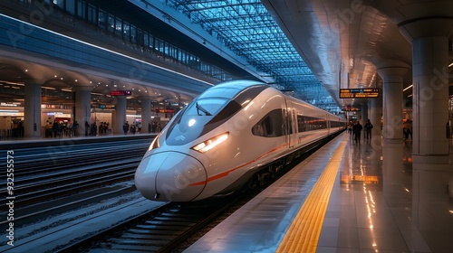 Sleek futuristic high speed train waiting at a modern contemporary railway station as passengers prepare to board for their journey  The station s interior features a streamlined photo