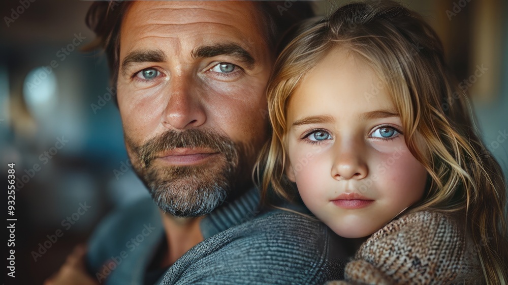mature father with small daughter standing indoors at home holding,hugging mature father with small daughter standing indoors at home holding,hugging