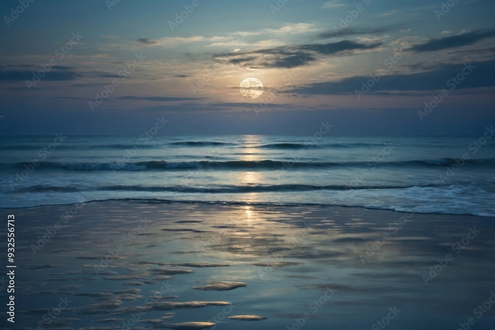 Full Moon Rising Over a Calm Ocean with Soft Reflections on the Water Full Moon Rising Over a Calm Ocean with Soft Reflections on the Water
