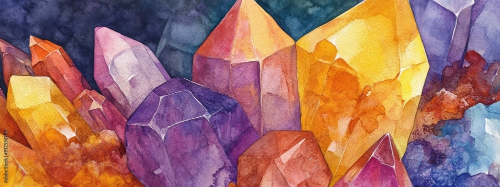 Bright and vibrant watercolor depiction of minerals Bright and vibrant watercolor depiction of minerals