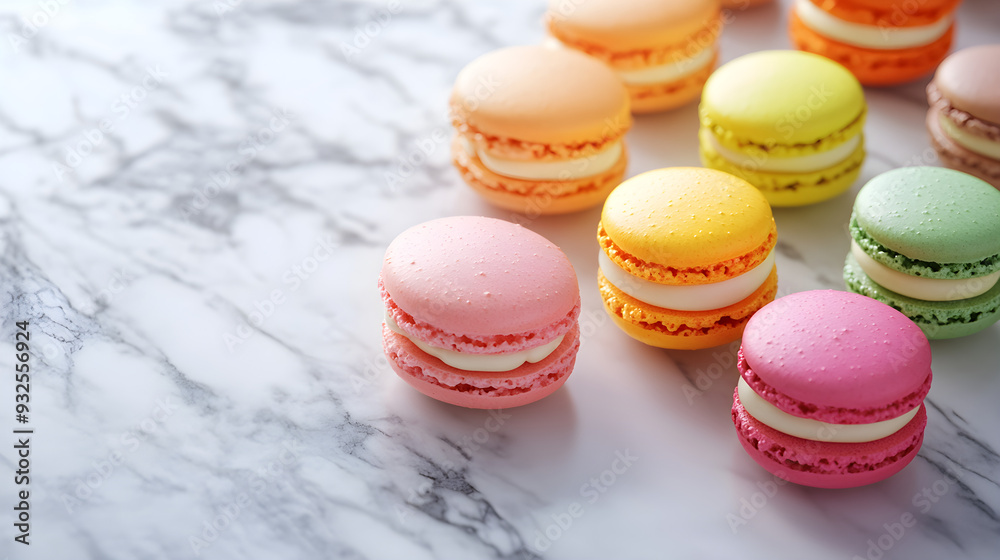 Obraz premium Colorful macarons on elegant marble surface