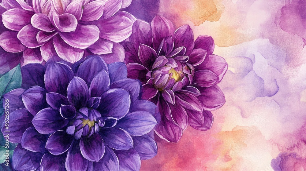 Obraz premium A watercolor background featuring a bouquet of dark violet dahlias Autumn blooms