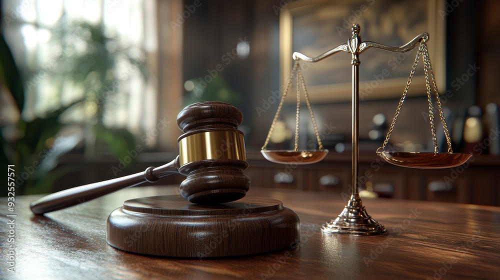 The scales of justice and the hammer on the wooden table symbolize justice in court The scales of justice and the hammer on the wooden table symbolize justice in court