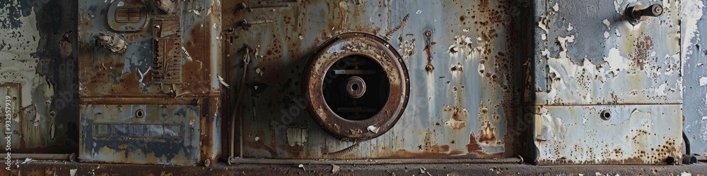 Weathered and rusty air filtration and ventilation setup in an abandoned bunker.