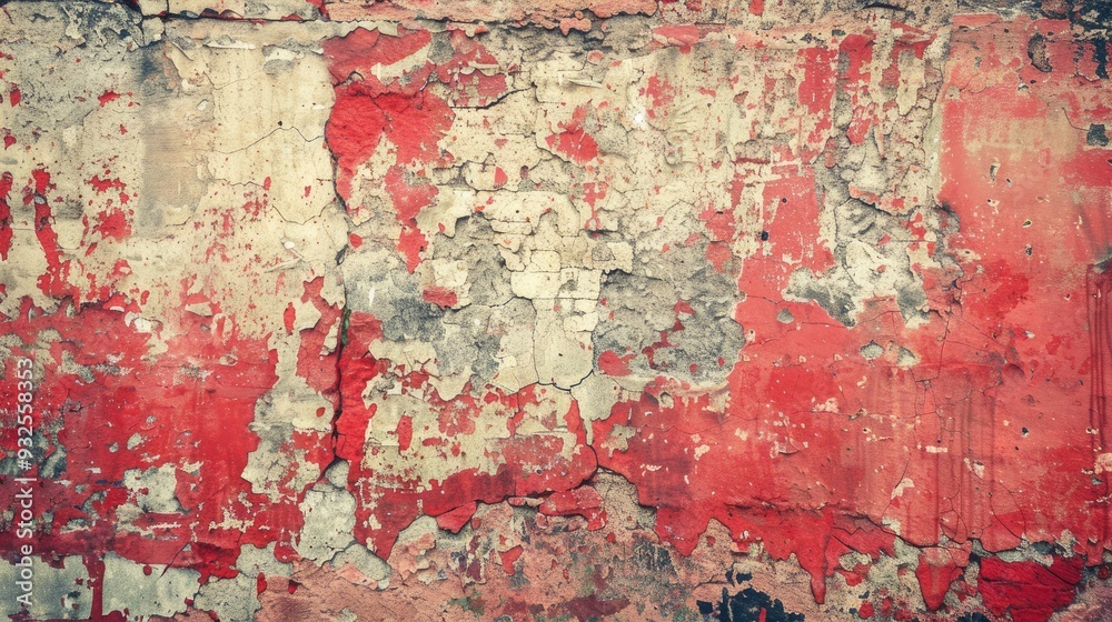 Fototapeta premium Empty Old Brick Wall Texture. Painted Distressed Wall Surface. Grungy Wide Brickwall. Grunge Red Stonewall Background. Shabby Building Facade With Damaged Plaster. Abstract Web Banner. Copy Space , ai