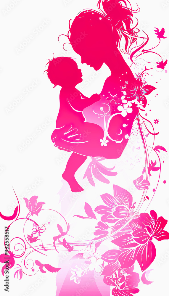 Mother and Child Silhouette with Floral Background Mother and Child Silhouette with Floral Background