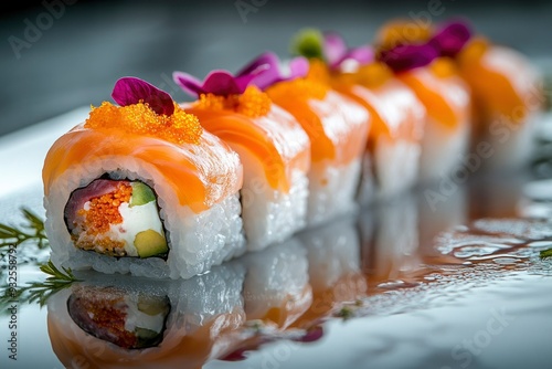 Salmon Sushi Rolls with Pink Flower Petals and Tobiko photo