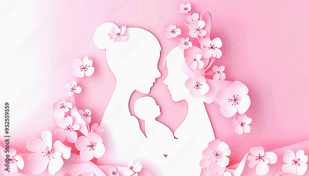 Mother and Child Silhouette Surrounded by Delicate Pink Flowers Mother and Child Silhouette Surrounded by Delicate Pink Flowers