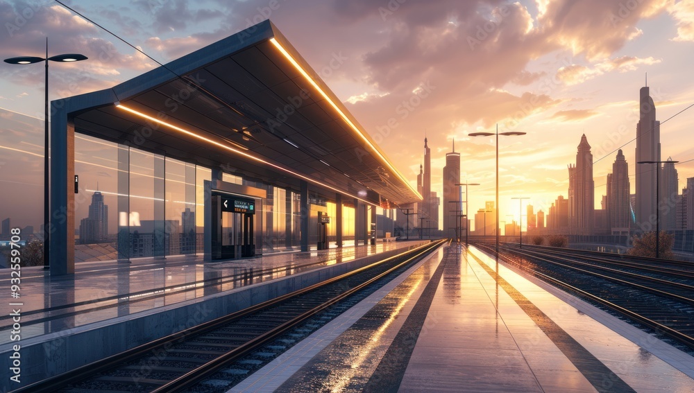 Modern train station platform in Dubai with city skyline behind Modern train station platform in Dubai with city skyline behind