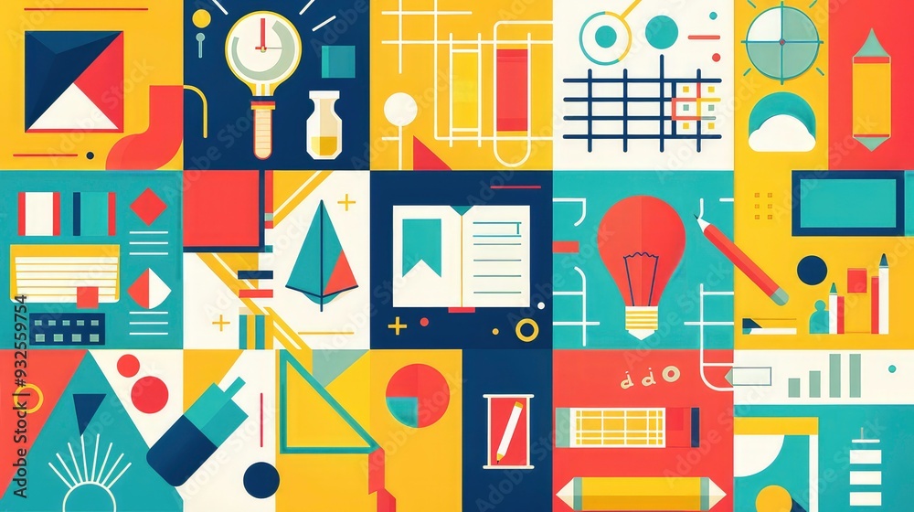 Abstract image of colorful geometric shapes and objects representing ideas, creativity, and learning. Abstract image of colorful geometric shapes and objects representing ideas, creativity, and learning.