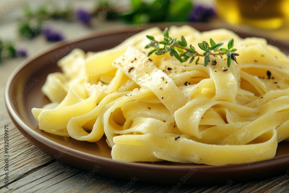 Closeup of Fettuccine Pasta with Thyme and Peppercorns Closeup of Fettuccine Pasta with Thyme and Peppercorns