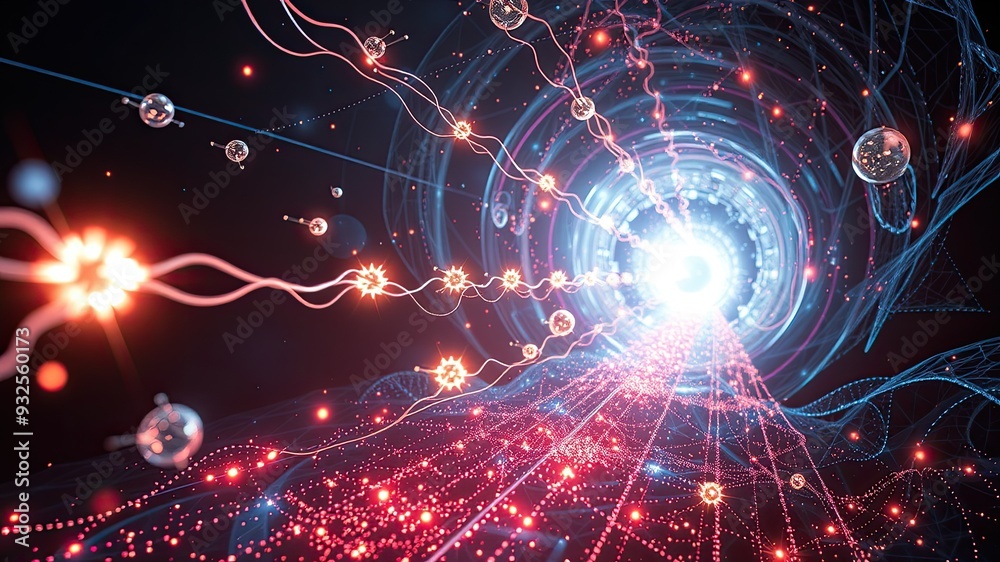 Obraz premium Quantum particles, Quantum Energy Teleportation, moving matter or energy from one place to another without crossing