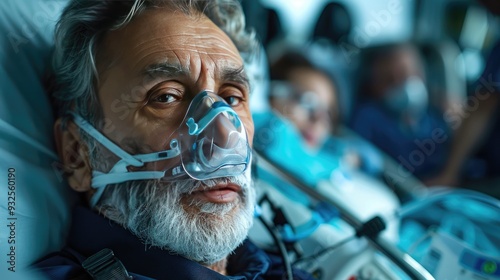nurse fitting oxygen mask on patient in hospital bed man in intensive care unit in hospital