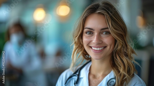 pharmaceutical sales representative shaking hand with female doctor in medical building hospital director consulting with healthcare staff