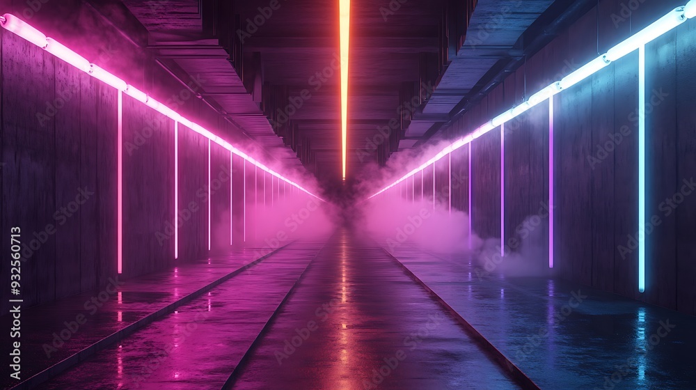 Fototapeta premium Futuristic tunnel with colorful neon lights and fog.