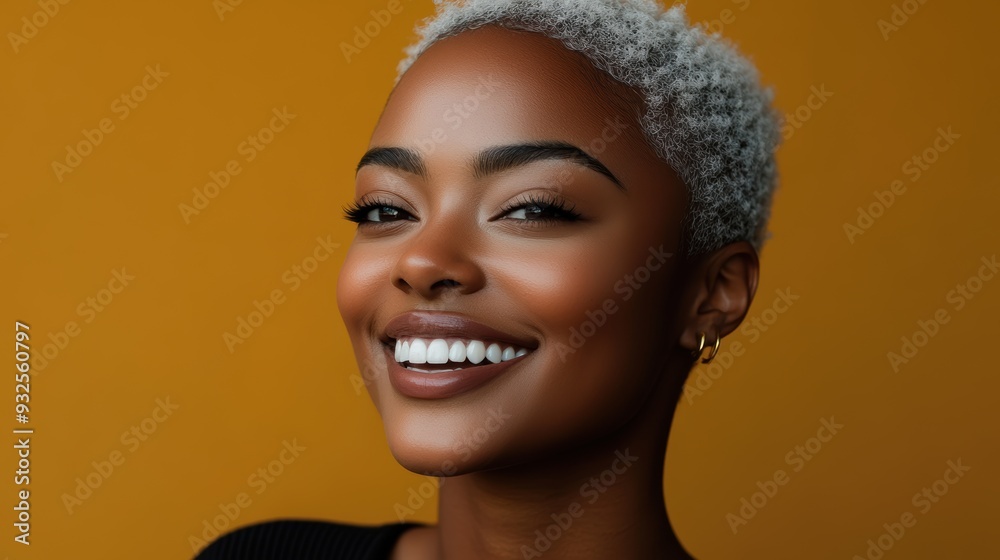 A woman with a radiant smile and stylish short hair posing confidently against a vibrant yellow background. A woman with a radiant smile and stylish short hair posing confidently against a vibrant yellow background.