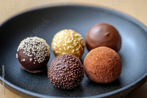 Assortment of Chocolate Truffles on Black Plate photo