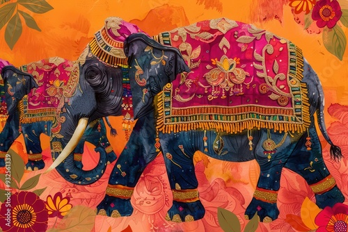 Elaborate elephants adorned in colorful decorations march gracefully during a lively Indian festival celebration, showcasing rich cultural traditions. Generative AI photo