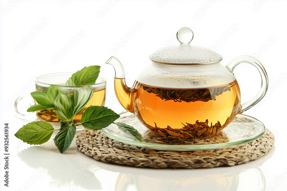 Glass cup of tea and teapot isolated on white background. Glass cup of tea and teapot isolated on white background.