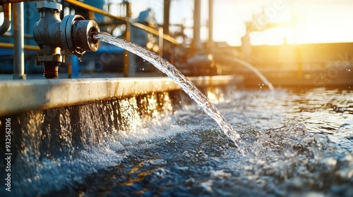 A detailed view of a wastewater treatment facility is aeration tanks, capturing the bubbling water and mechanical components in operation, with a focus on the texture and color of the water