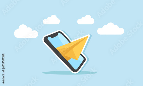 Outgoing message, sent message, social media message delivered to the recipient concept of A paper plane flying out of a smartphone, representing a message sent to a friend or business partner