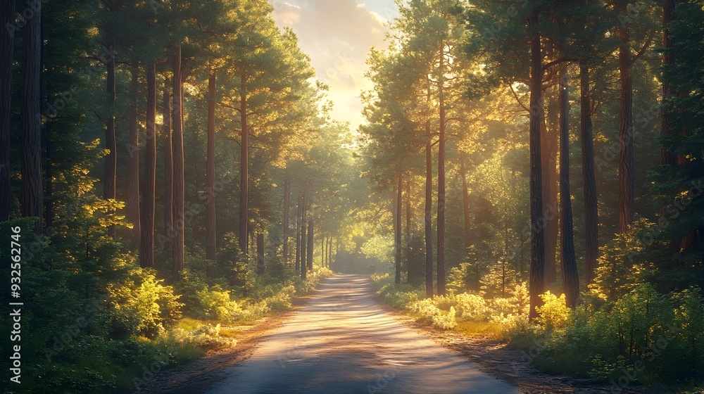 Obraz premium Scenic Road Trip Through Lush Pine Forest Evoking Freedom and Adventure