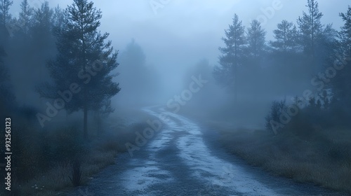 Mysterious Foggy Forest Road Winding Through Towering Pine Trees