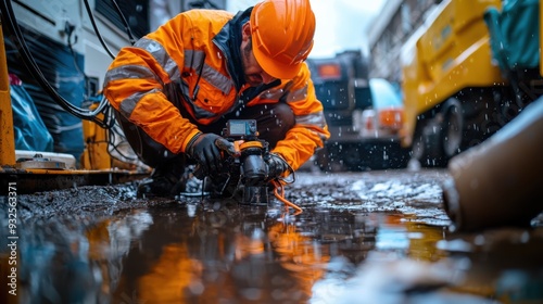 An image depicting a blocked drain situation with a technician examining the obstruction using a camera inspection tool. The photo highlights the severity of the blockage and the advanced technology