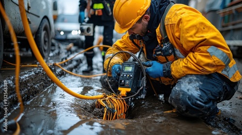 An image depicting a blocked drain situation with a technician examining the obstruction using a camera inspection tool. The photo highlights the severity of the blockage and the advanced technology