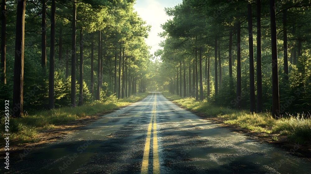 Obraz premium Winding Road Disappearing Into the Infinite Pine Forest Landscape