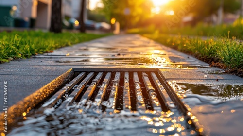 High-resolution close-up of a top-tier drainage solution in a residential area, featuring robust drainage pipes, finely crafted grates, and high-efficiency water routing systems