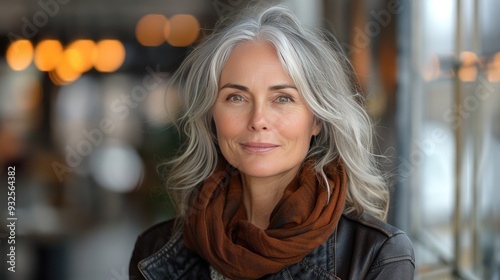 portrait of stylish mature woman with gray hair on city street older woman in leather jacket with soft smile